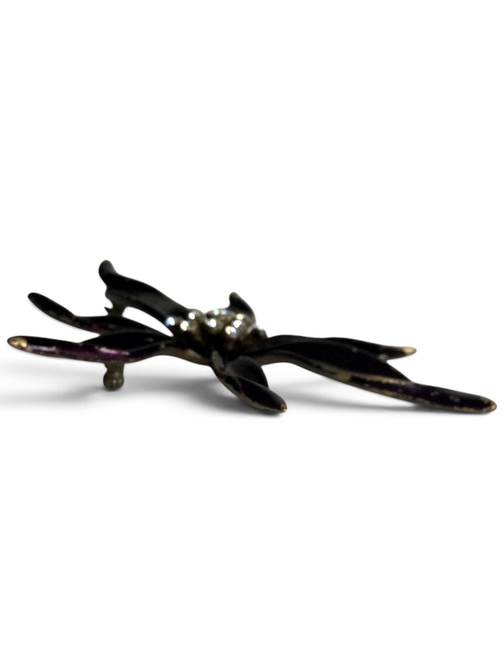 Vintage Ben-Amun Antiqued Gold-Tone Black-Purple Enamel Floral Rhinestone Brooch - Picture 9 of 14